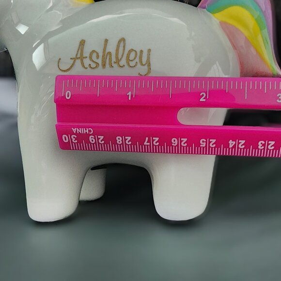 Custom Rainbow Unicorn Bank "Ashley" in Gold- White Ceramic Piggy Bank with Name - Picture 9 of 9